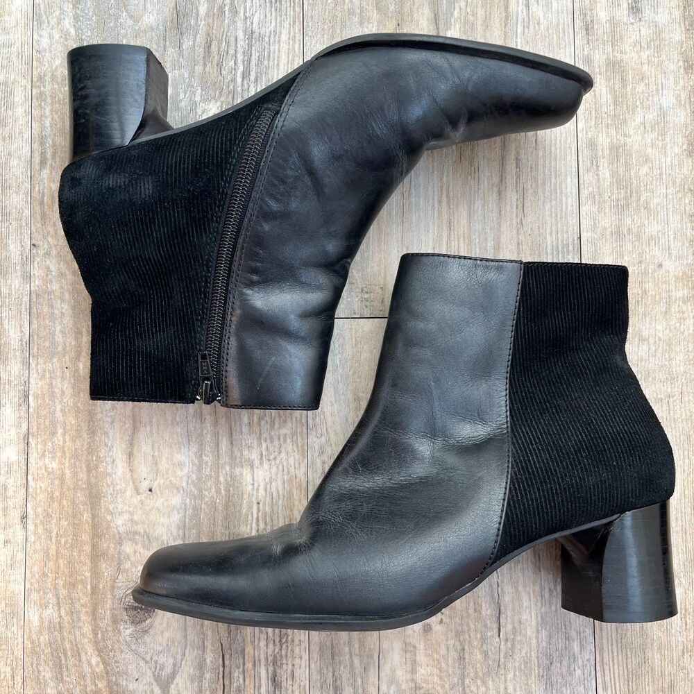 90’s Black Leather & Corduroy Ankle Boots 8.5 White Mt. Hope Black Boot Vintage